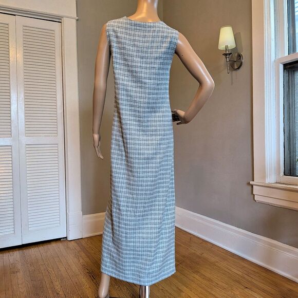 Vintage 90s AMI Knit Plaid Maxi Dress Button Front Gray Pockets Minimalist L - Picture 4 of 9